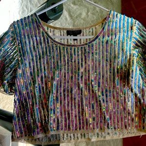 Topshop , Peacock blue and pink sparkly sequin crop top